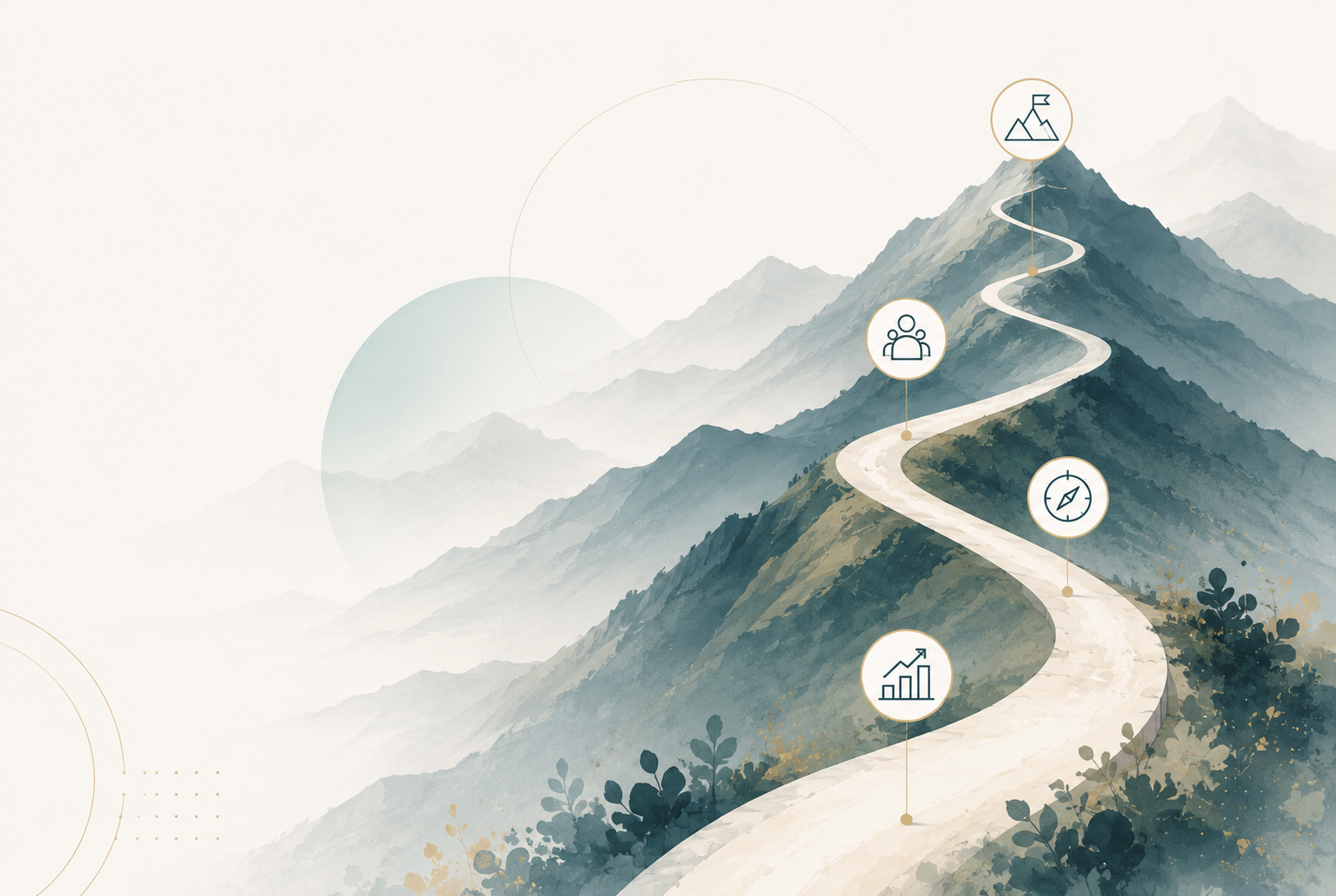 A winding mountain path climbing toward a summit, with the Sticky Strategy ascent stages marked along the route